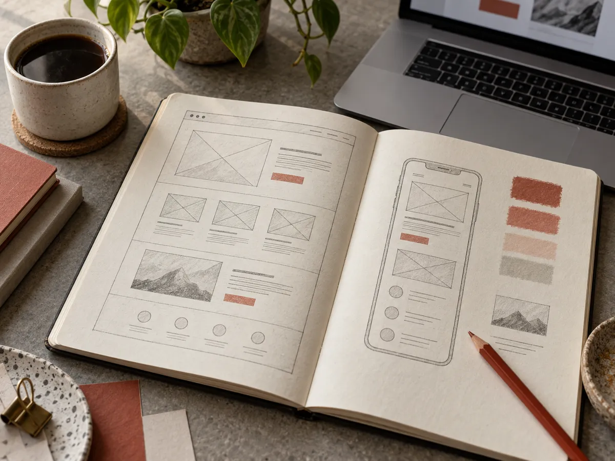 Cuaderno con bocetos de una página web y su versión móvil, junto a muestras de color y un lápiz